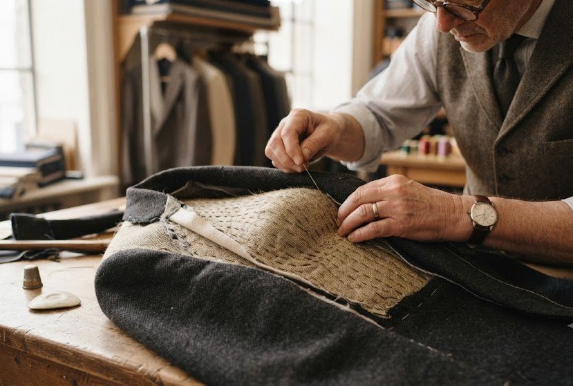 Tailor hand-padding the canvas chest piece of a bespoke suit jacket