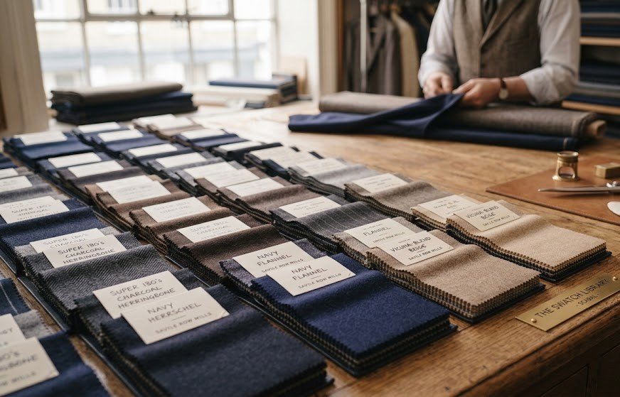 Premium Italian wool and silk fabric swatches for bespoke suit selection