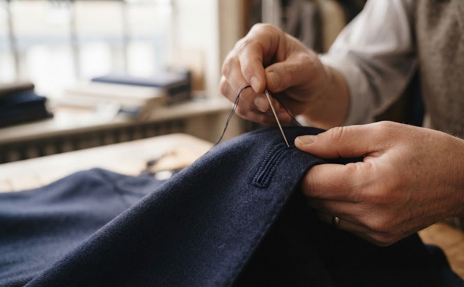 Artisan hand-sewing buttonholes on a luxury bespoke suit jacket