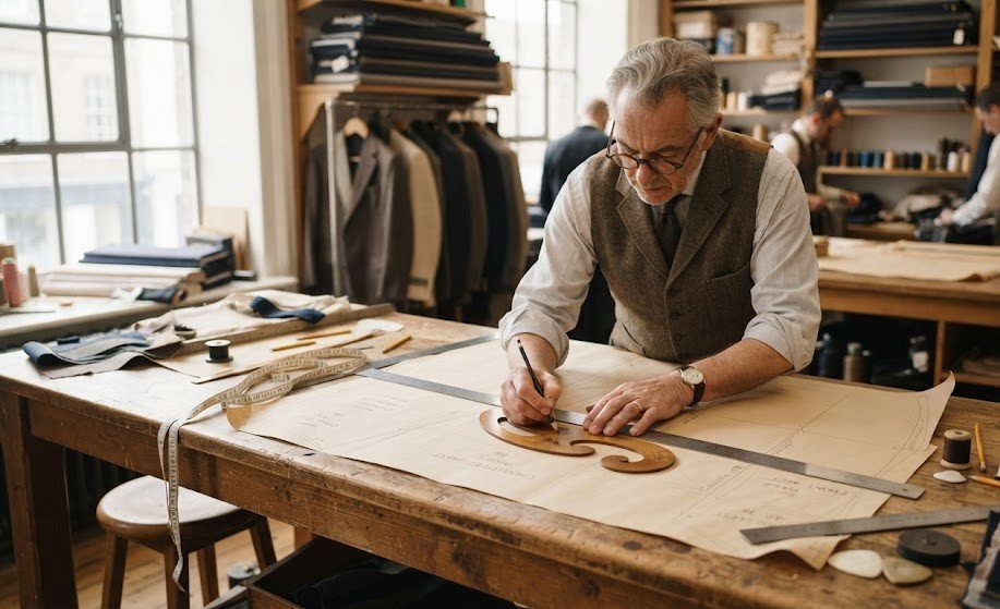 Master pattern cutter drafting a bespoke suit pattern by hand