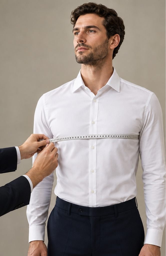 Expert tailor fitting and adjusting a bespoke suit jacket on a client